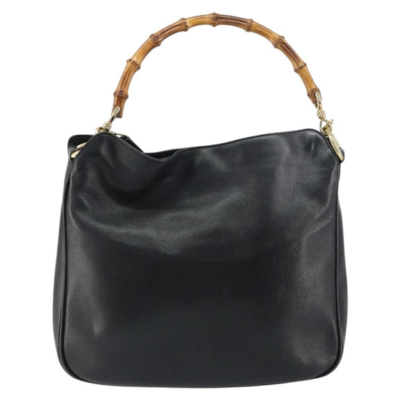 GUCCI Bamboo Hand Bag Leather 2way Black Gold 001 1998 1638 Auth BA8637