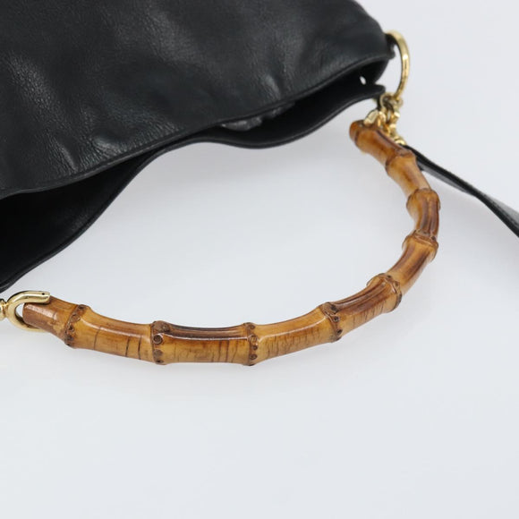 GUCCI Bamboo Hand Bag Leather 2way Black Gold 001 1998 1638 Auth BA8637