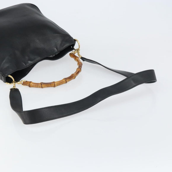 GUCCI Bamboo Hand Bag Leather 2way Black Gold 001 1998 1638 Auth BA8637