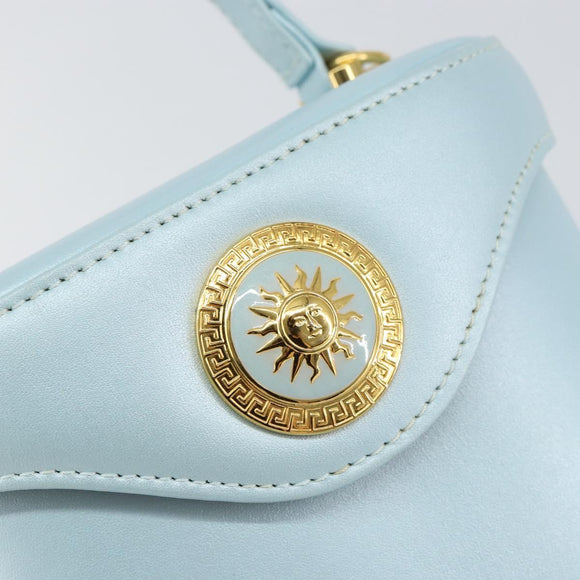 Gianni Versace Sunburst Vanity Hand Bag Leather Light Blue Gold Auth BA8639V