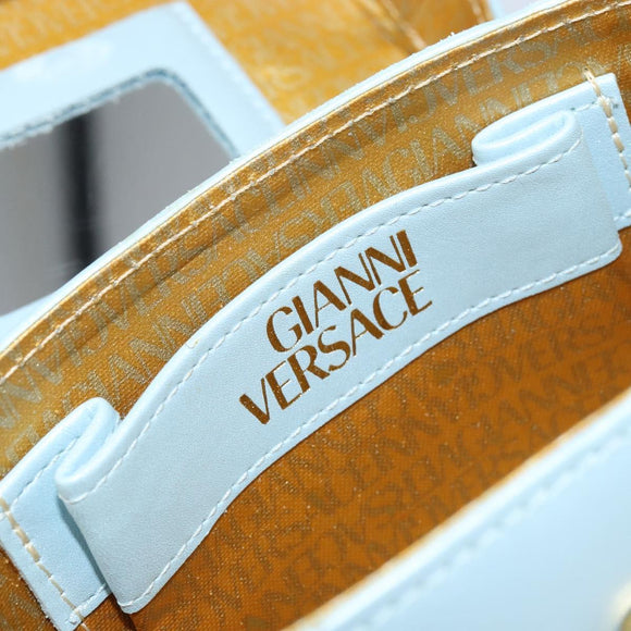 Gianni Versace Sunburst Vanity Hand Bag Leather Light Blue Gold Auth BA8639V