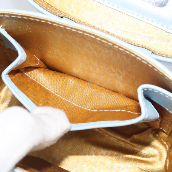 Gianni Versace Sunburst Vanity Hand Bag Leather Light Blue Gold Auth BA8639V