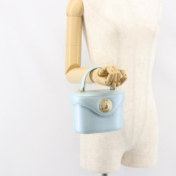 Gianni Versace Sunburst Vanity Hand Bag Leather Light Blue Gold Auth BA8639V