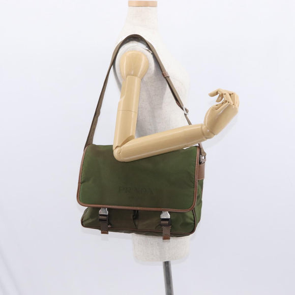 PRADA Shoulder Bag Nylon Khaki Silver Auth BA8644