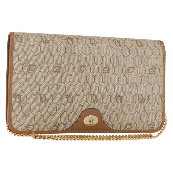 Christian Dior Trotter Canvas Chain Shoulder Bag Beige Gold Auth BA8648