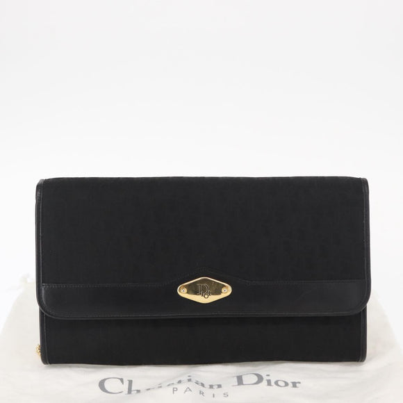 Christian Dior Trotter Canvas Chain Shoulder Bag Black Gold Auth BA8649