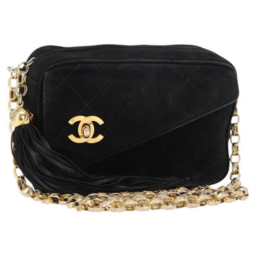 CHANEL Matelasse Fringe Chain Shoulder Bag Suede Black gold CC Auth BA8656