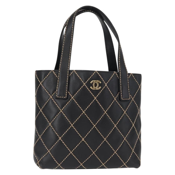 CHANEL Wild Stitch Tote Bag Lamb Skin Black Gold CC Auth BA8657