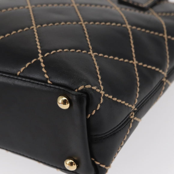 CHANEL Wild Stitch Tote Bag Lamb Skin Black Gold CC Auth BA8657