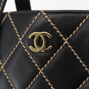CHANEL Wild Stitch Tote Bag Lamb Skin Black Gold CC Auth BA8657-14