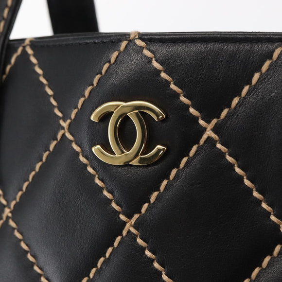 CHANEL Wild Stitch Tote Bag Lamb Skin Black Gold CC Auth BA8657