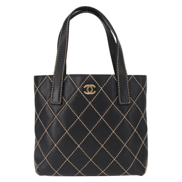 CHANEL Wild Stitch Tote Bag Lamb Skin Black Gold CC Auth BA8657 - 0