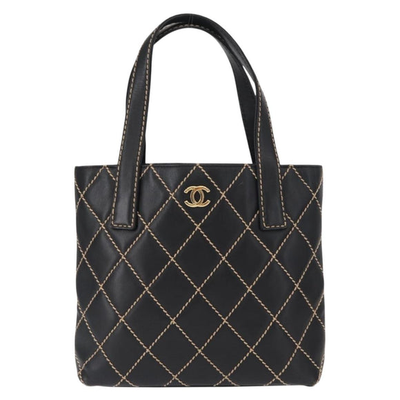 CHANEL Wild Stitch Tote Bag Lamb Skin Black Gold CC Auth BA8657