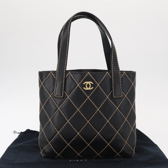 CHANEL Wild Stitch Tote Bag Lamb Skin Black Gold CC Auth BA8657