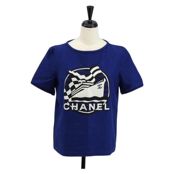 CHANEL Short Sleeved T Shirt Cotton 36 Blue CC Auth BA8669M