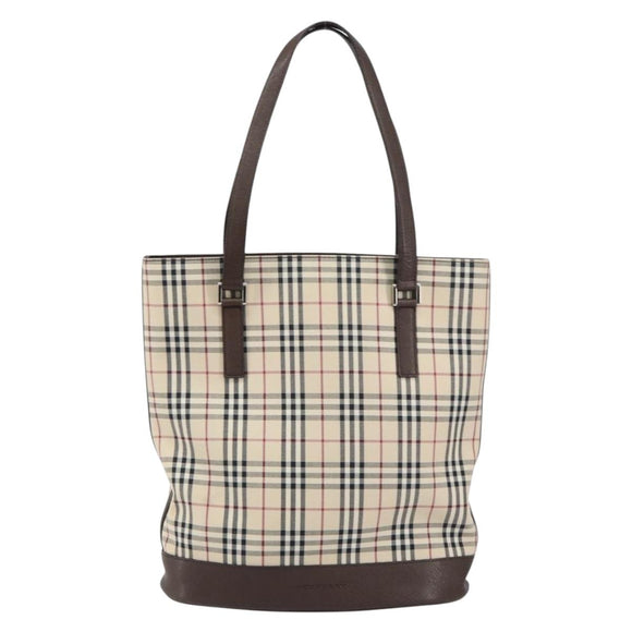 BURBERRY Nova Check Tote Bag PVC Beige Silver Auth BA8673