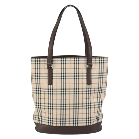 BURBERRY Nova Check Tote Bag PVC Beige Silver Auth BA8673