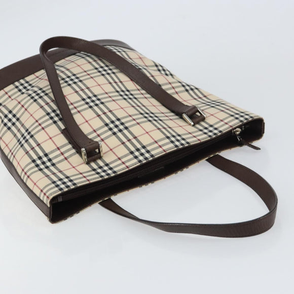 BURBERRY Nova Check Tote Bag PVC Beige Silver Auth BA8673