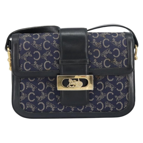 CELINE C Sulky Shoulder Bag Canvas Navy Gold Auth BA8677