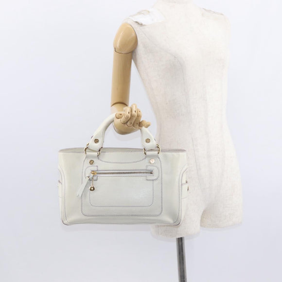 CELINE Boogie Hand Bag Leather White Gold Auth BA8679