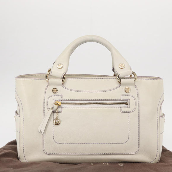 CELINE Boogie Hand Bag Leather White Gold Auth BA8679