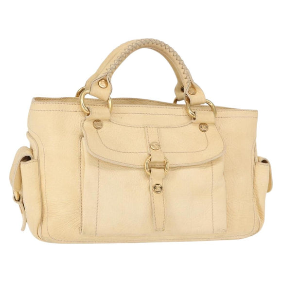 CELINE Boogie Hand Bag Leather White Gold Auth BA8680