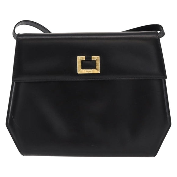 Salvatore Ferragamo Gancini Shoulder Bag Leather Black Gold Auth BA8683