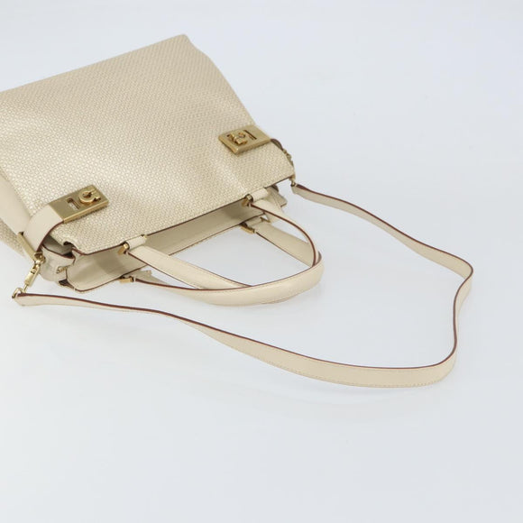 Salvatore Ferragamo Gancini Hand Bag Leather 2way White Gold Auth BA8684