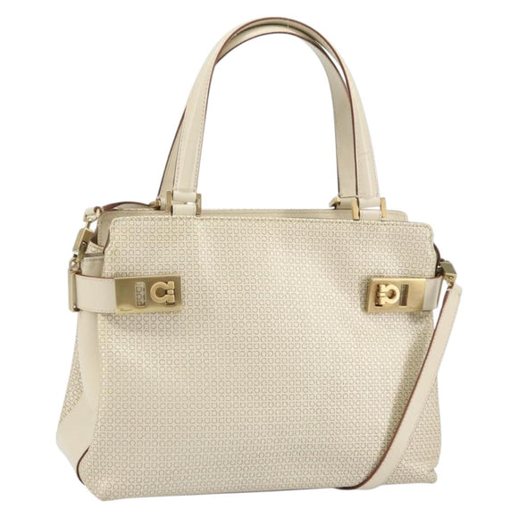 Salvatore Ferragamo Gancini Hand Bag Leather 2way White Gold Auth BA8684