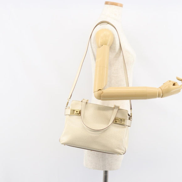 Salvatore Ferragamo Gancini Hand Bag Leather 2way White Gold Auth BA8684