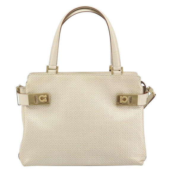 Salvatore Ferragamo Gancini Hand Bag Leather 2way White Gold Auth BA8684