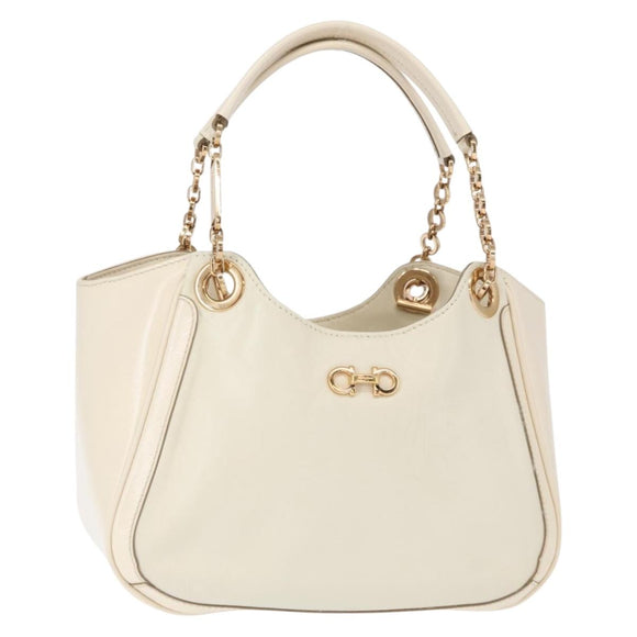Salvatore Ferragamo Gancini Ketting Handtas Leer Wit Goud Auth BA8685