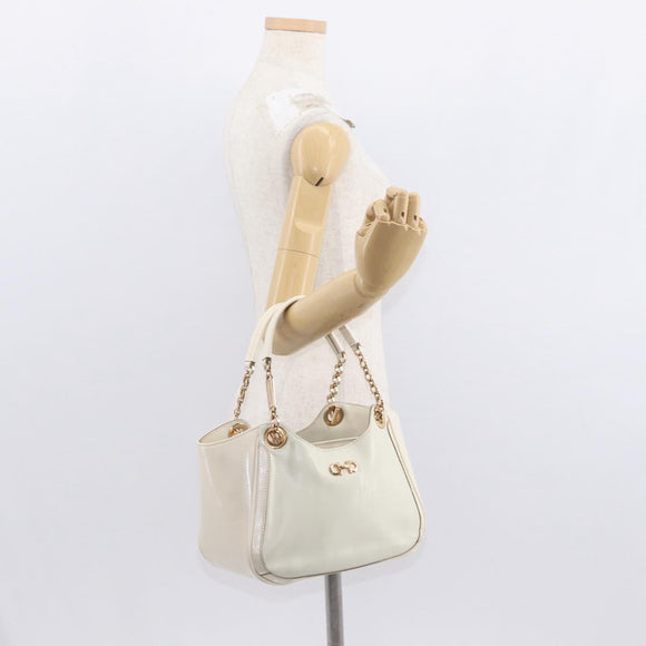 Salvatore Ferragamo Gancini Chain Hand Bag Leather White Gold Auth BA8685