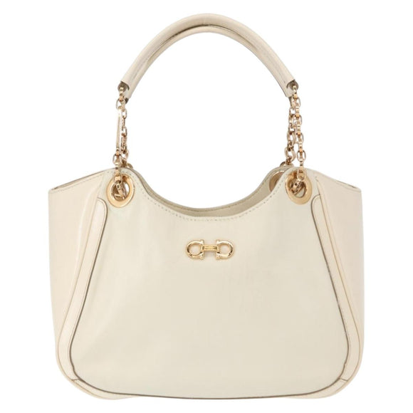 Salvatore Ferragamo Gancini Ketting Handtas Leer Wit Goud Auth BA8685