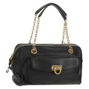 Salvatore Ferragamo Gancini Chain Hand Bag Leather Black Gold Auth BA8686V-1