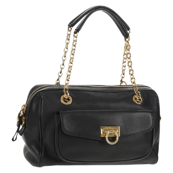 Salvatore Ferragamo Gancini Chain Hand Bag Leather Black Gold Auth BA8686V