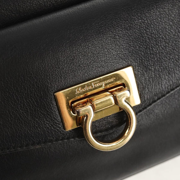 Salvatore Ferragamo Gancini Chain Hand Bag Leather Black Gold Auth BA8686V