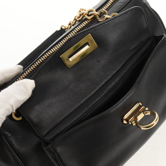 Salvatore Ferragamo Gancini Chain Hand Bag Leather Black Gold Auth BA8686V