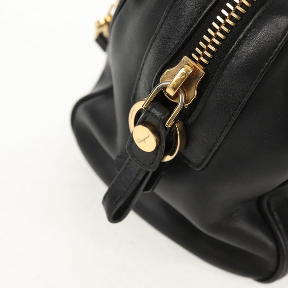 Salvatore Ferragamo Gancini Chain Hand Bag Leather Black Gold Auth BA8686V