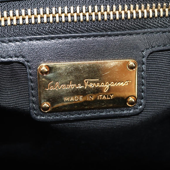 Salvatore Ferragamo Gancini Chain Hand Bag Leather Black Gold Auth BA8686V