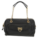 Salvatore Ferragamo Gancini Chain Hand Bag Leather Black Gold Auth BA8686V-2