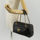 Salvatore Ferragamo Gancini Chain Hand Bag Leather Black Gold Auth BA8686V-26