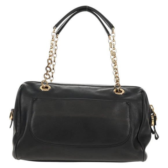 Salvatore Ferragamo Gancini Chain Hand Bag Leather Black Gold Auth BA8686V