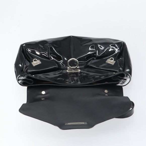 Salvatore Ferragamo Gancini Shoulder Bag Enamel Black Silver Auth BA8687