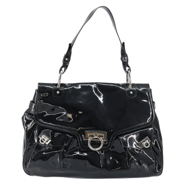 Salvatore Ferragamo Gancini Shoulder Bag Enamel Black Silver Auth BA8687 - 0
