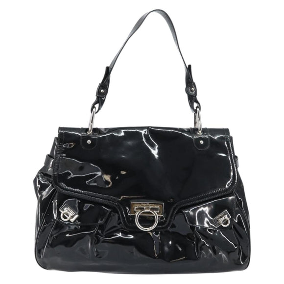Salvatore Ferragamo Gancini Shoulder Bag Enamel Black Silver Auth BA8687