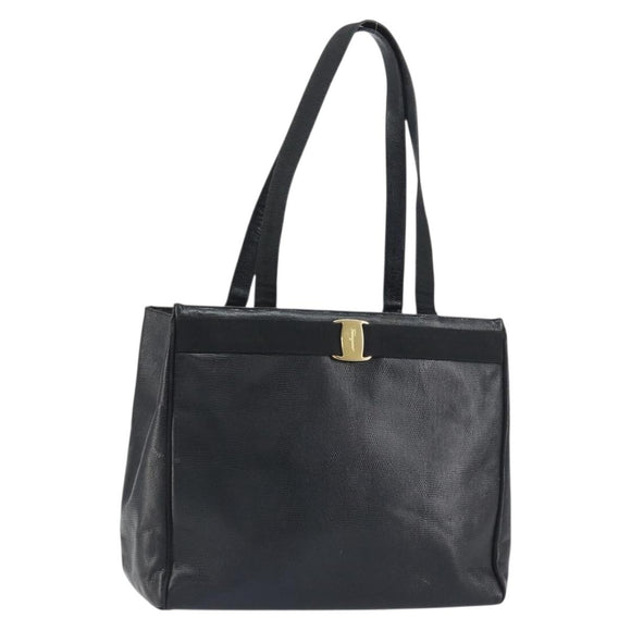 Salvatore Ferragamo Vala Tote Bag Leather Black Gold Auth BA8688