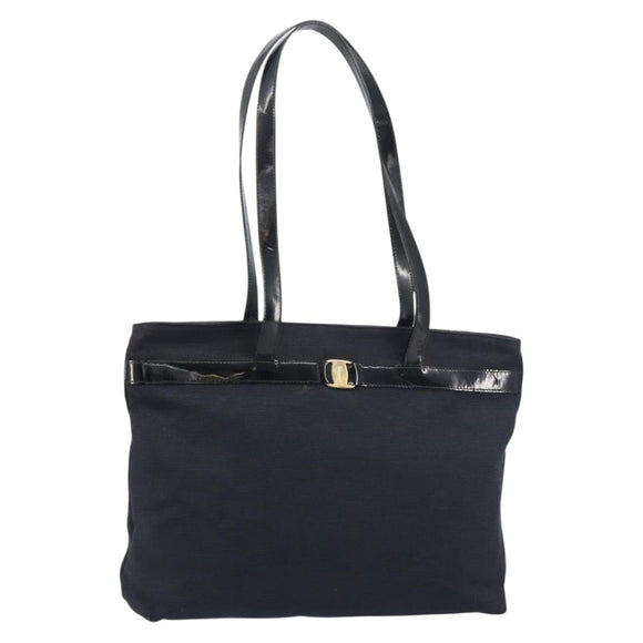 Salvatore Ferragamo Vala Tote Bag Canvas Black Gold Auth BA8689