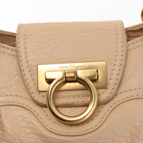 Salvatore Ferragamo Gancini Hand Bag Leather Beige Gold Auth BA8692