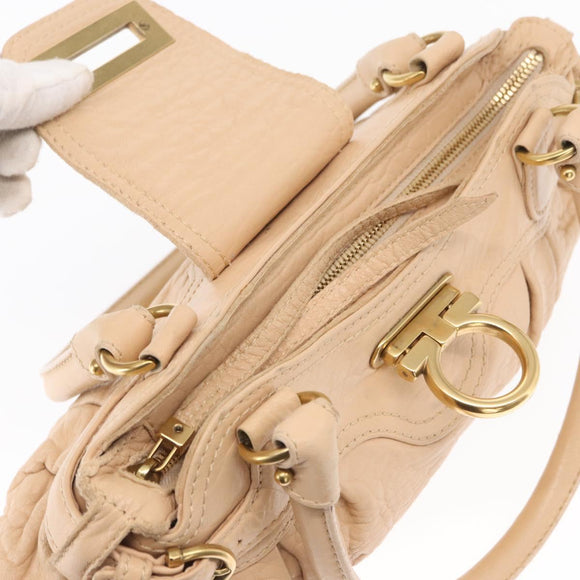 Salvatore Ferragamo Gancini Hand Bag Leather Beige Gold Auth BA8692